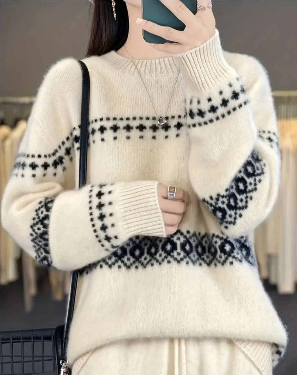 Damen Wollpullover , Strickpullover Norweger Muster Hoher Kragen