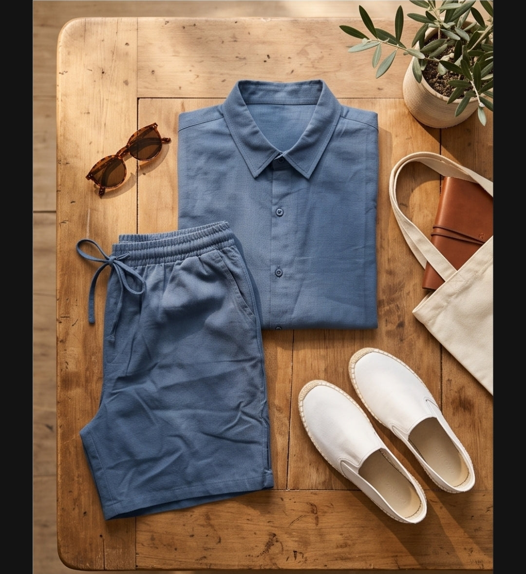 Herren Sommer-Set XL – Kurzarmhemd & Shorts aus Baumwolle, Blau