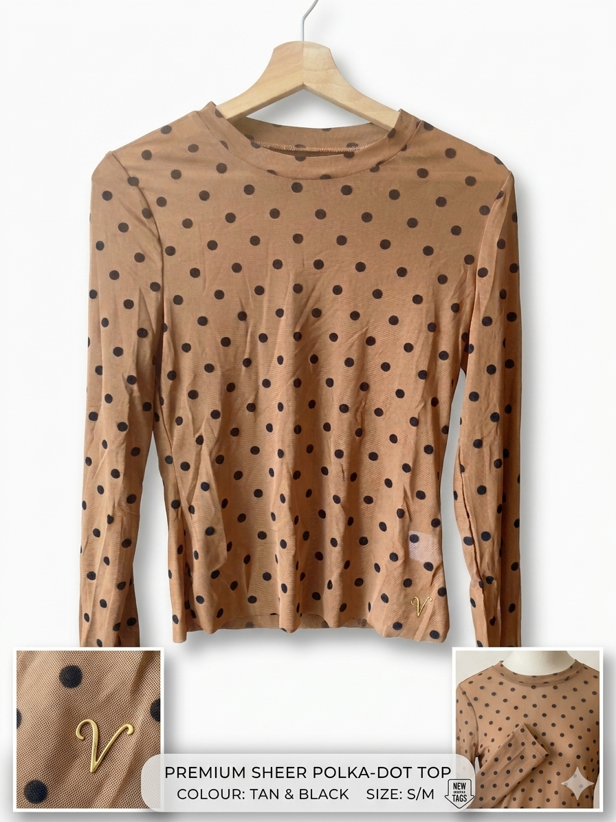 Transparentes Mesh Oberteil Gr. M Braun Schwarz Gepunktet Langarm Polka Dot...