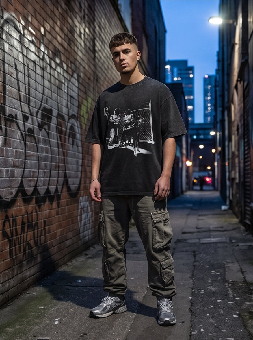 Schwarzes  T-Shirt Vintage Style Basketball Druck Unisex Streetwear .