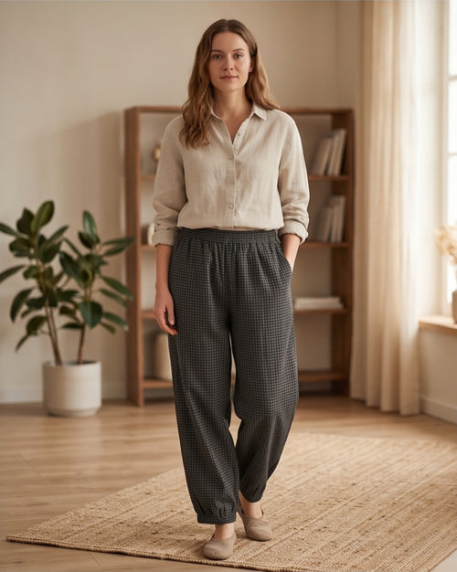 Baumwollstoff Damen – Schwarz-Graues Mini-Karo