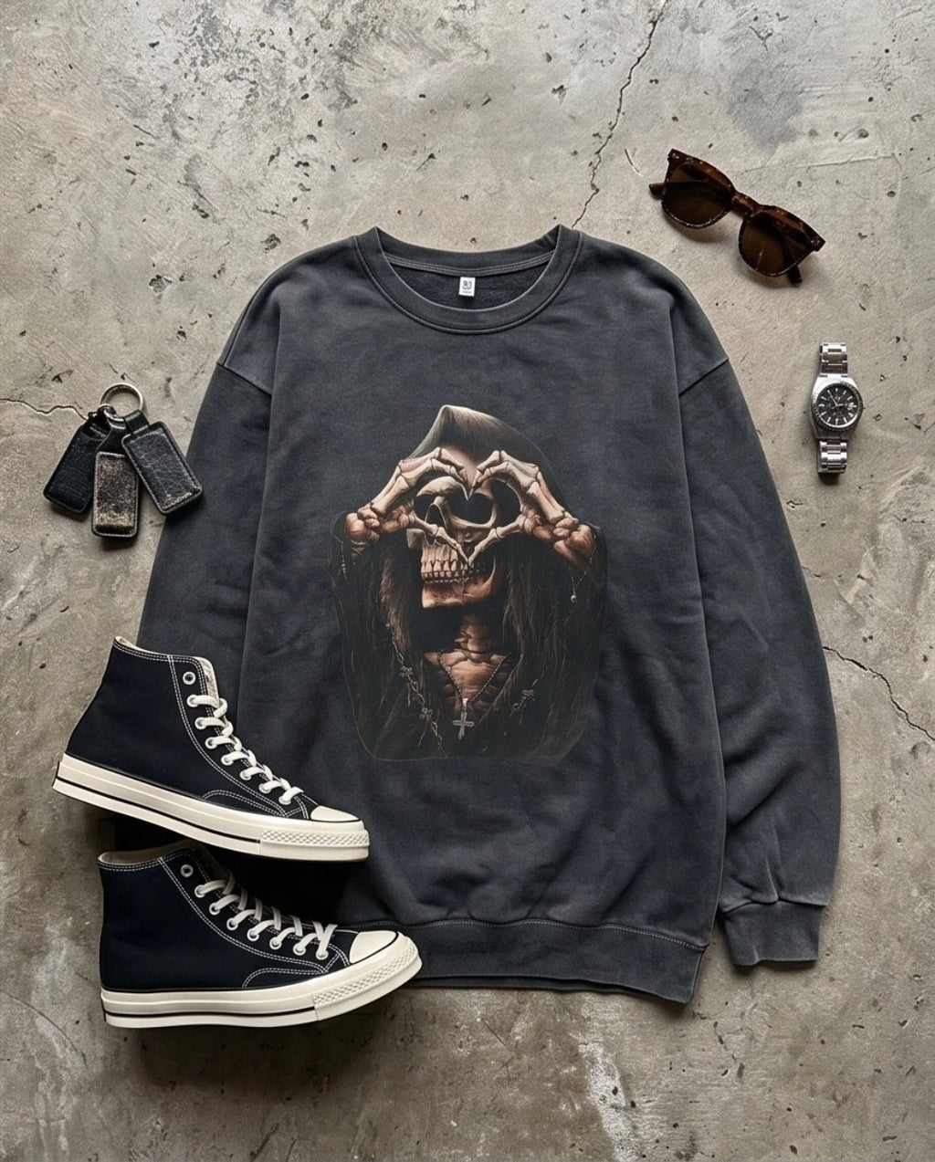 Damen Gothic Sweatshirt Totenkopf Oversized Vintage Pullover Schwarz
