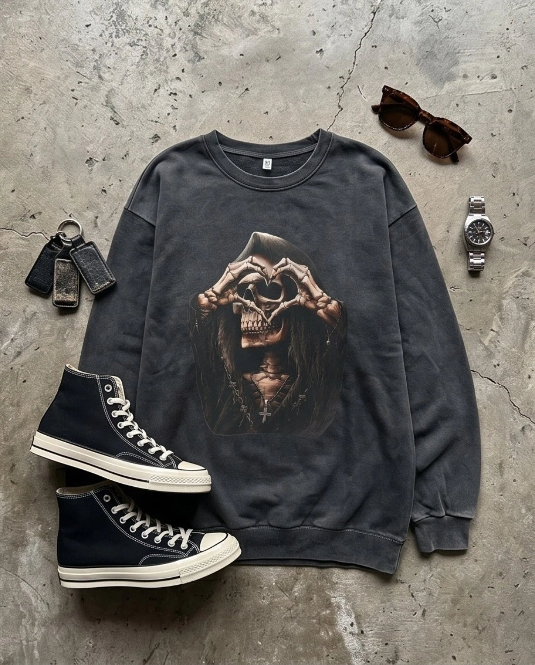 Damen Gothic Sweatshirt Totenkopf Oversized Vintage Pullover Schwarz