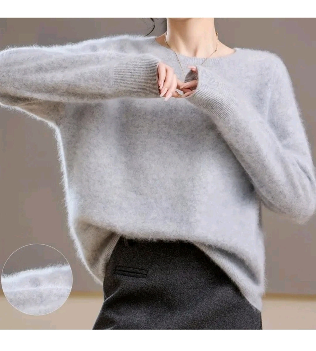 Kaschmir Wollmix Damen Pullover Grau – Weich  Strick Sweater Elegant