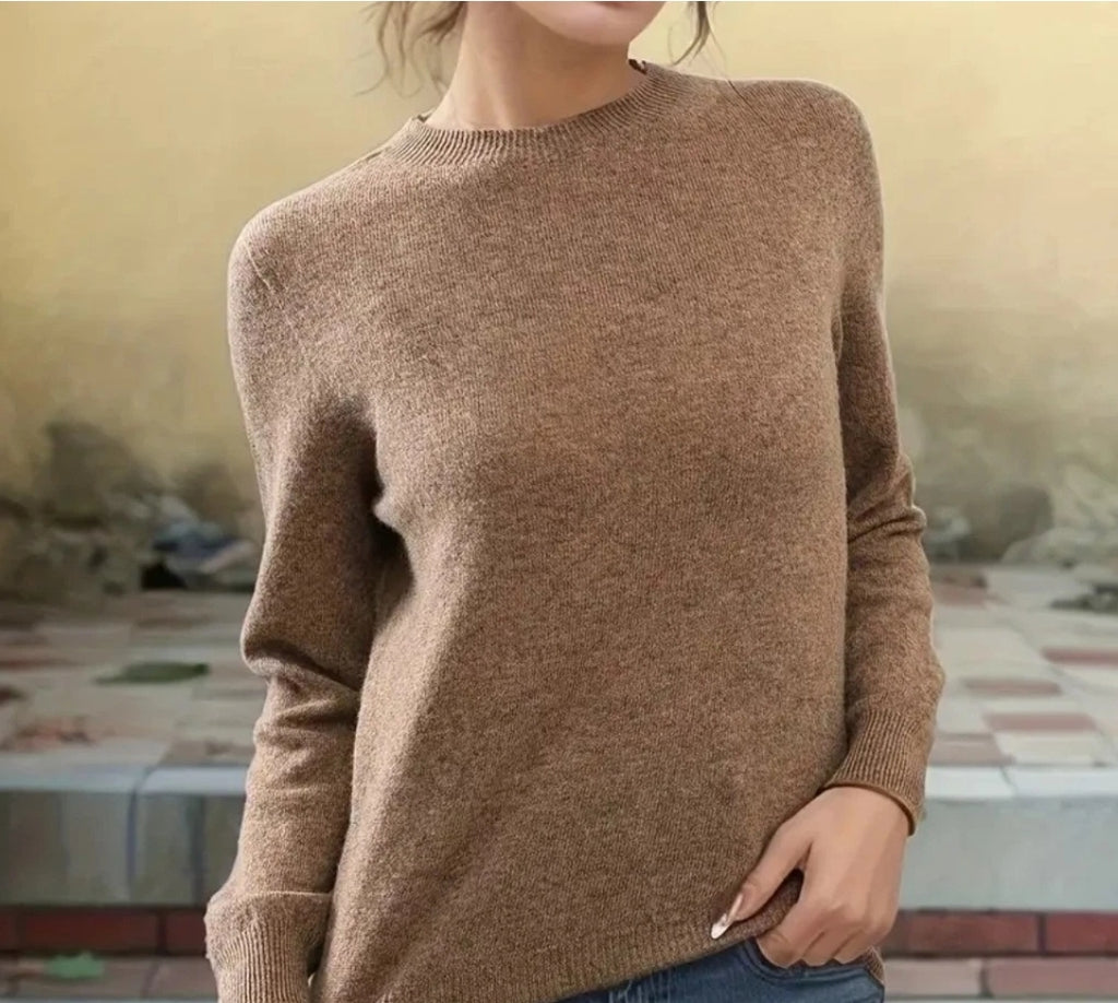 Damenpullover Wolle Camel, Feinstrick Rundhals ,Warm & Leicht, Klassisch Elegant