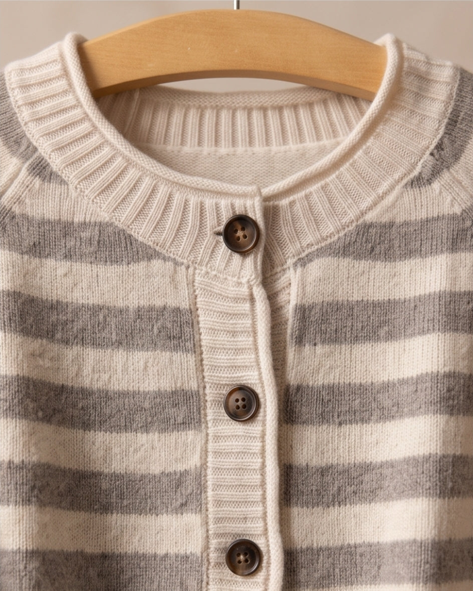 Damen Wollcardigan gestreift Beige/Creme – Strickjacke mit Knopfleiste