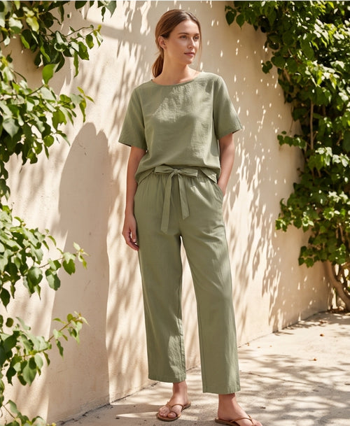 Damen Freizeitanzug 2 Teiler Shirt Hose Kurzarm locker elastisch Sommer Set