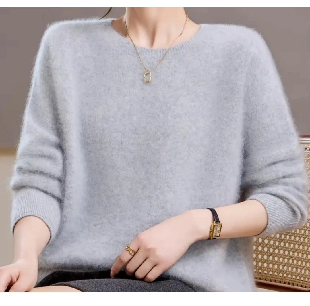 Kaschmir Wollmix Damen Pullover Grau – Weich  Strick Sweater Elegant