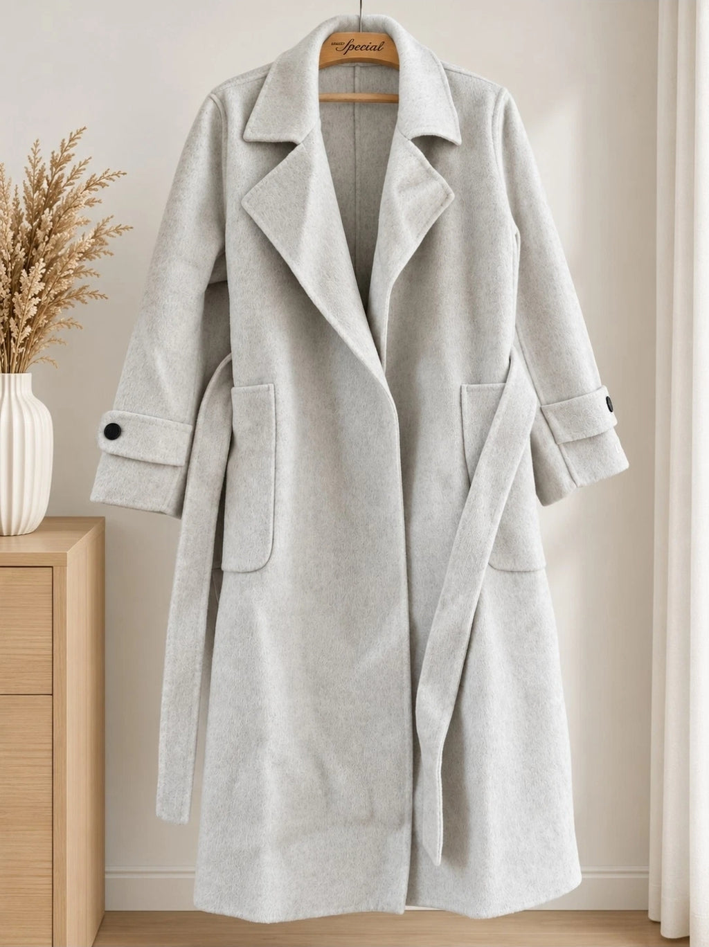 Damen Wollmantel  Beige Grau Lang Bindegürtel Wintermantel Elegant