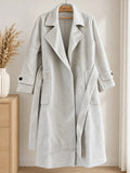 Damen Wollmantel  Beige Grau Lang Bindegürtel Wintermantel Elegant