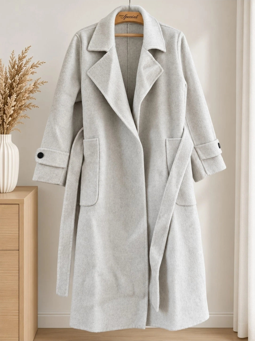 Damen Wollmantel  Beige Grau Lang Bindegürtel Wintermantel Elegant