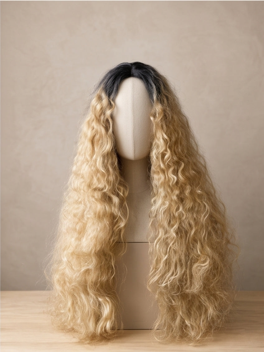 26 Zoll Ombre Blonde Lace Front Perücke Lockig Synthetische Wig Dunkler Ansatz
