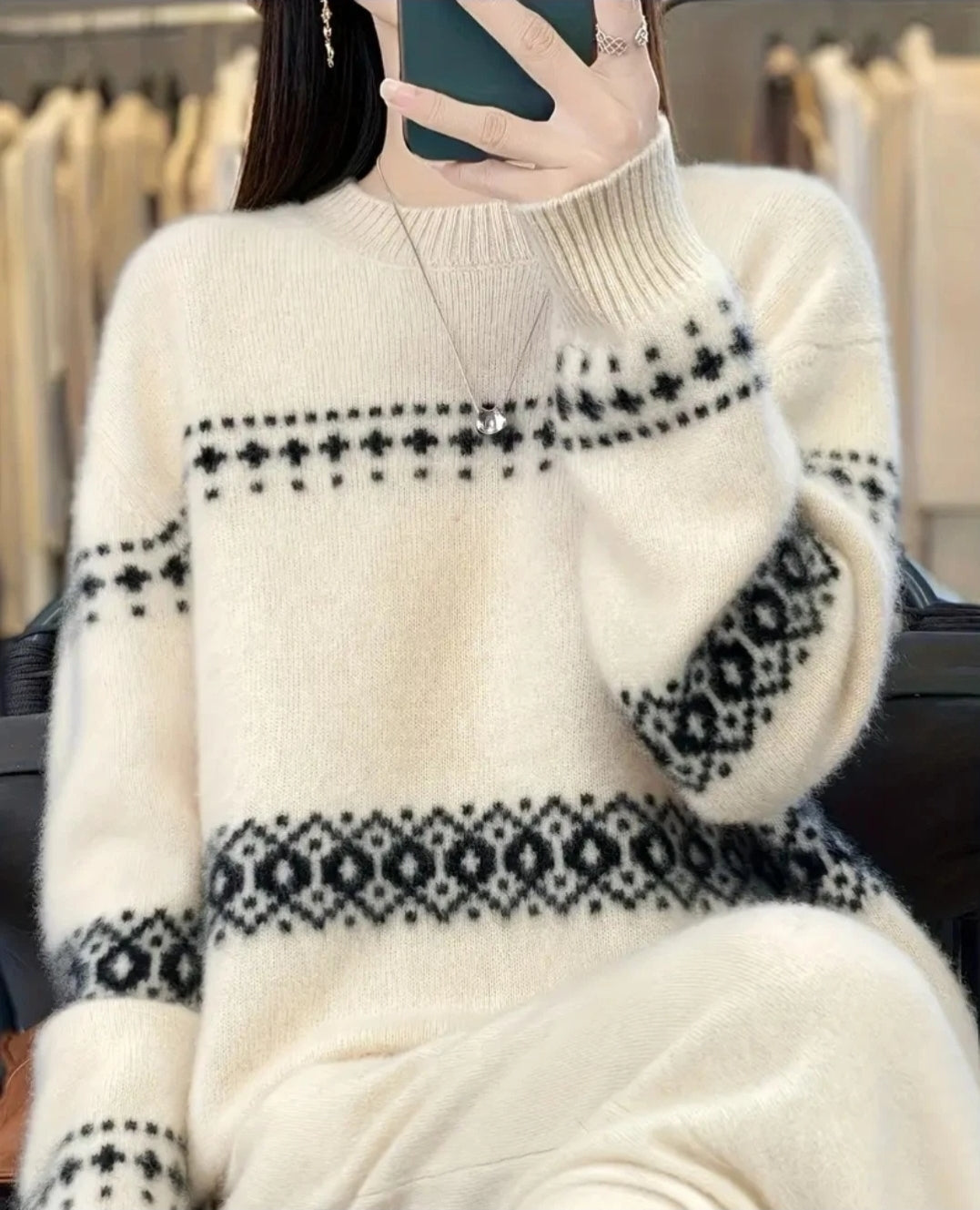 Damen Wollpullover , Strickpullover Norweger Muster Hoher Kragen