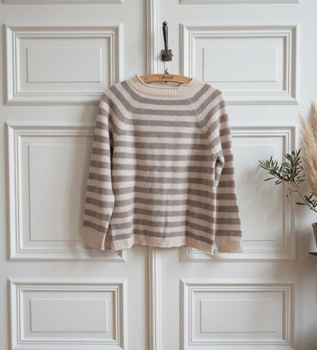Damen Wollcardigan gestreift Beige/Creme – Strickjacke mit Knopfleiste