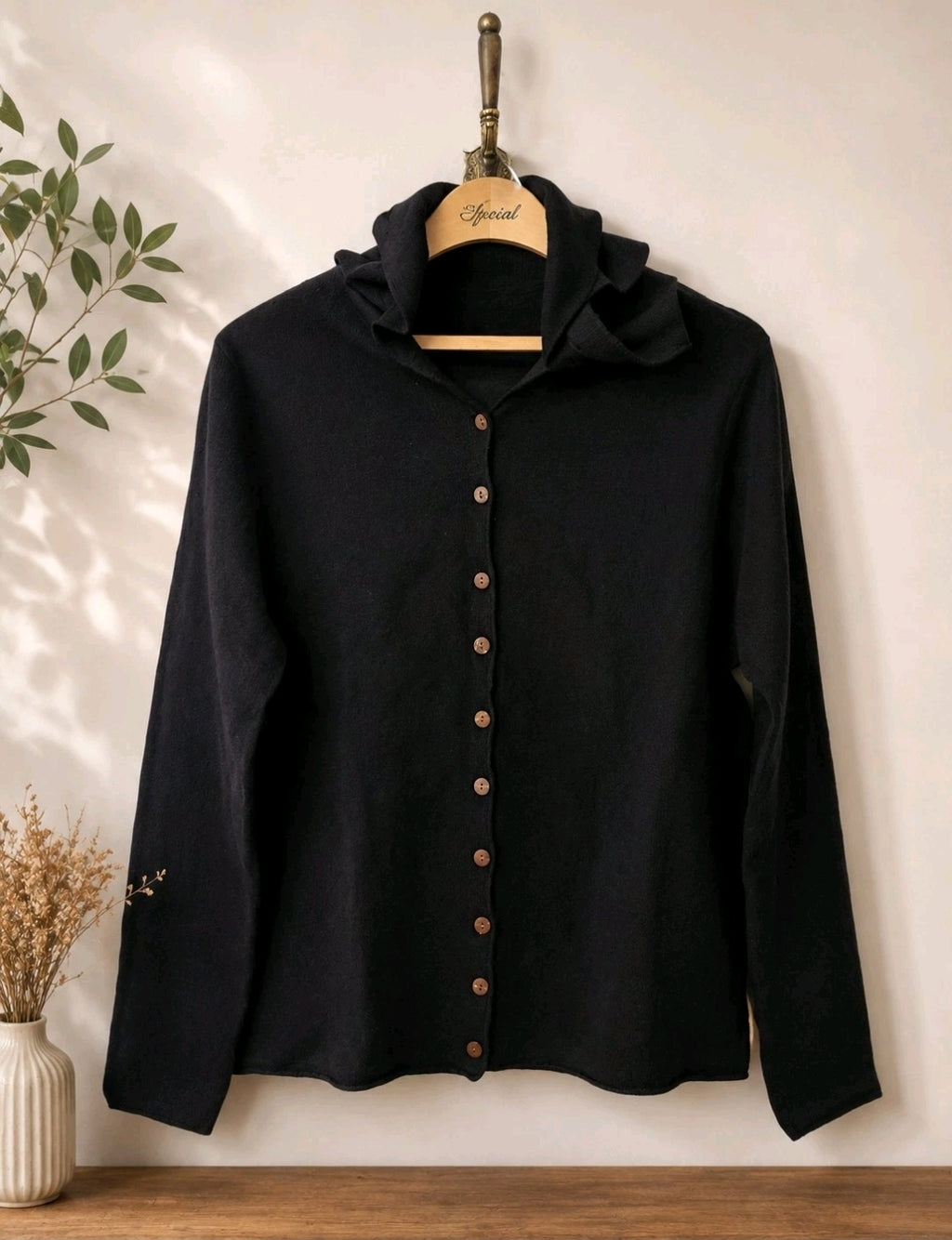 Damen Cardigan Schwarz mit Kapuze Strickjacke Knopfleiste Gr.S-M Hoodie Pullover