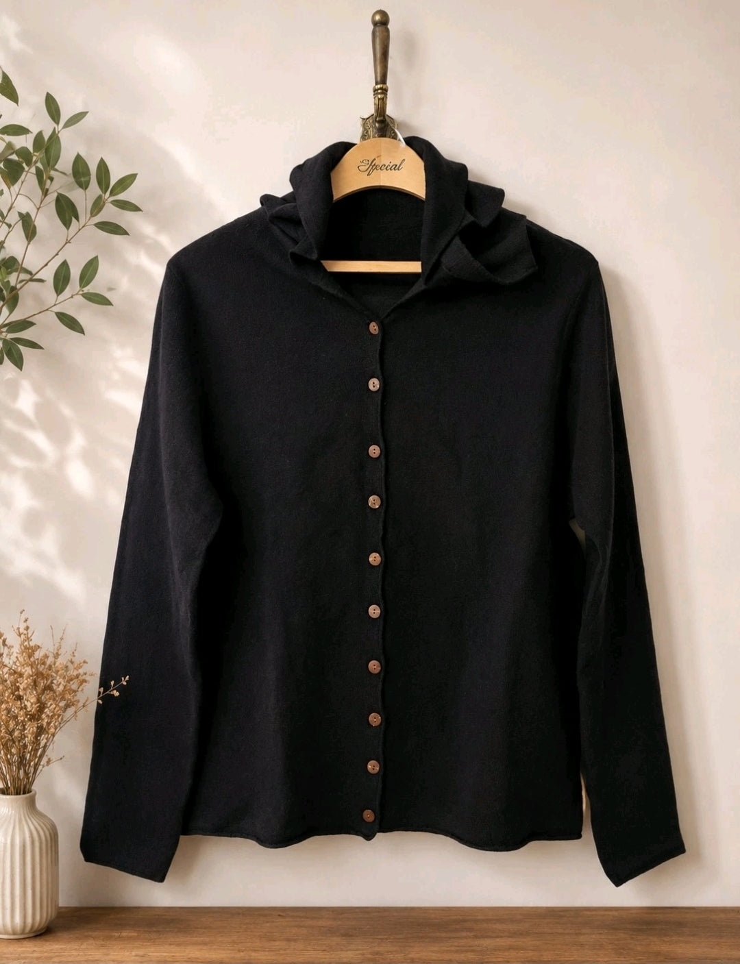 Damen Cardigan Schwarz mit Kapuze Strickjacke Knopfleiste Gr.S-M Hoodie Pullover