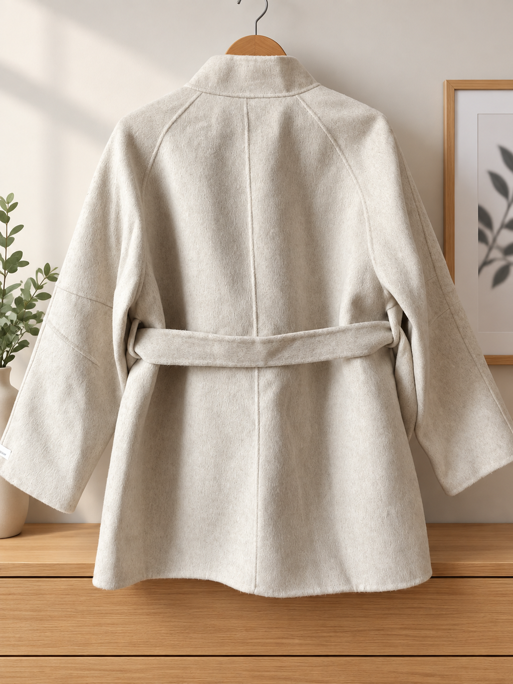 Eleganter Damen-Wollmantel mit Bindegürtel – Creme Beige | Größe S/M
