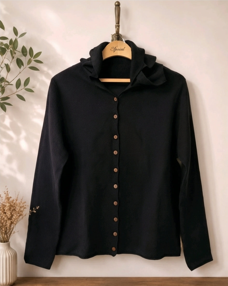 Damen Cardigan Schwarz mit Kapuze Strickjacke Knopfleiste Gr.S-M Hoodie Pullover