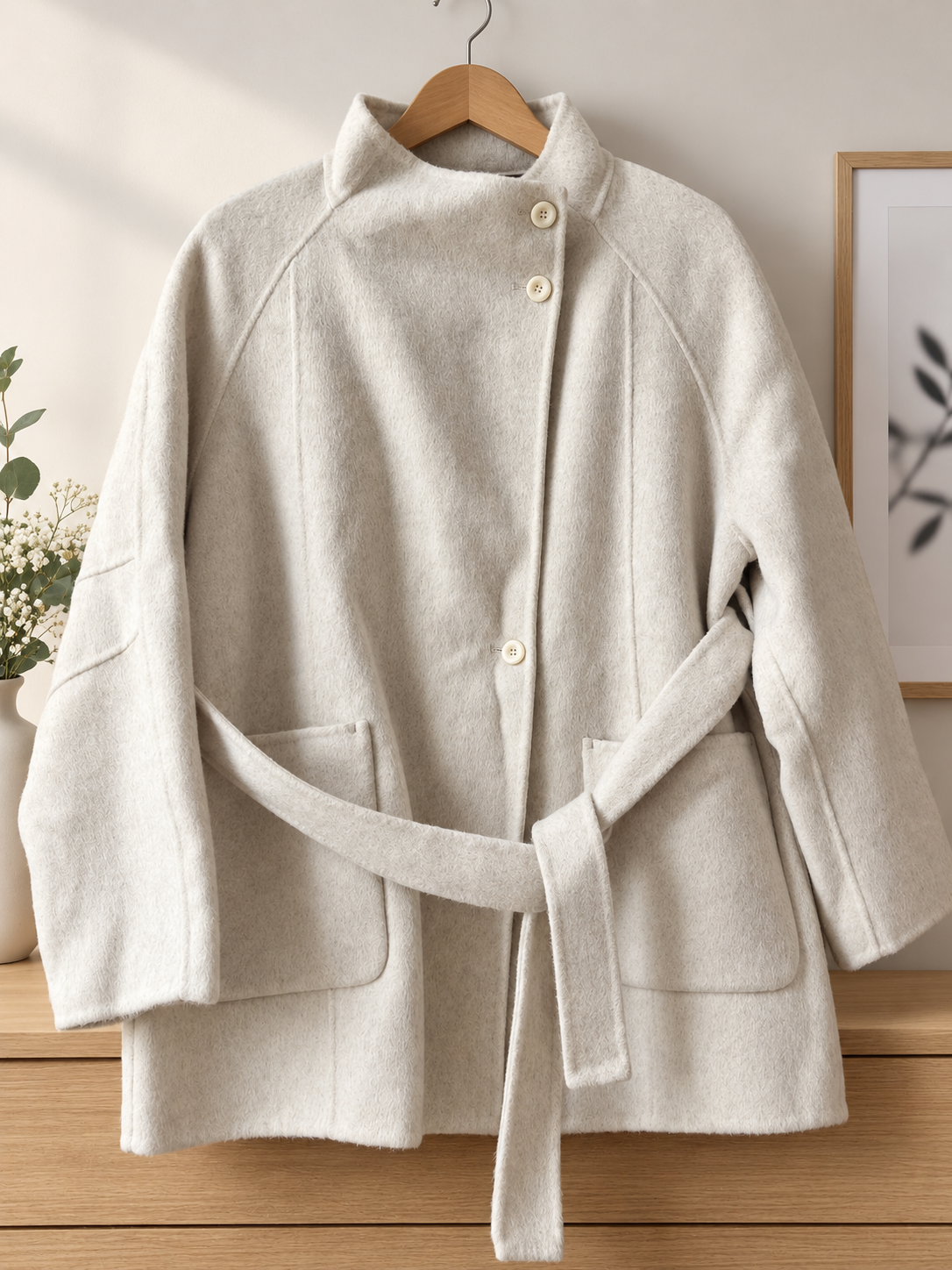 Eleganter Damen-Wollmantel mit Bindegürtel – Creme Beige | Größe S/M