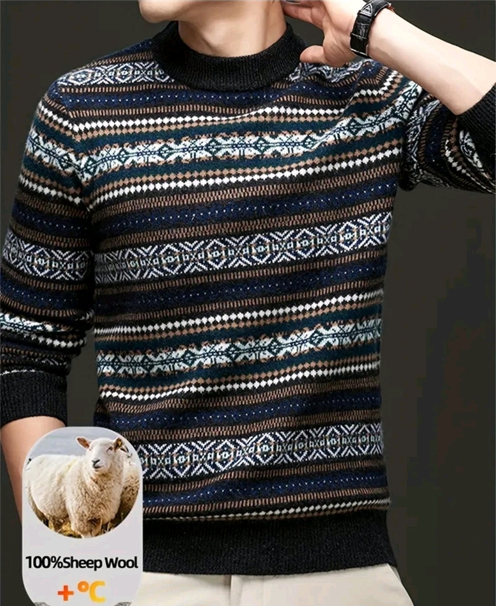 Herren Wollpullover Norweger Muster L-XL Strickpullover Winter Warm Rundhals