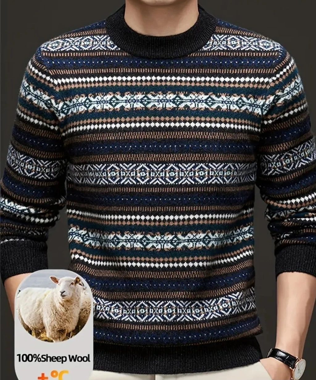 Herren Wollpullover Norweger Muster L-XL Strickpullover Winter Warm Rundhals