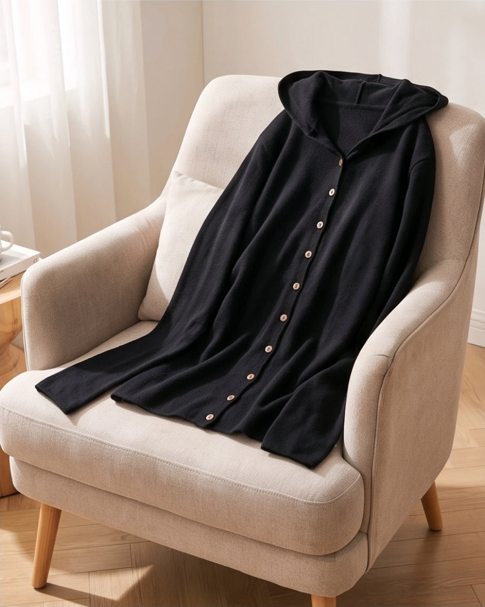Damen Cardigan Schwarz mit Kapuze Strickjacke Knopfleiste Gr.S-M Hoodie Pullover