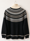 Damen Wollpullover Norweger Muster Schwarz Weiß Half Zip Strickpullover Winter .