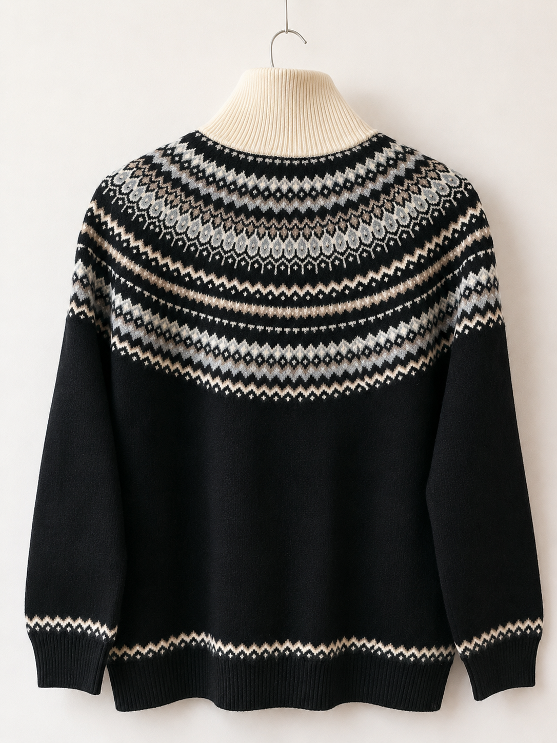Damen Wollpullover Norweger Muster Schwarz Weiß Half Zip Strickpullover Winter .