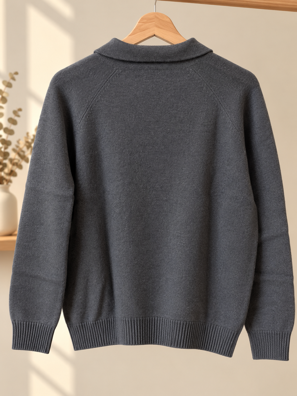 Damen Wollpullover Dunkelgrau mit Polokragen & V-Ausschnitt – Gr. M/L