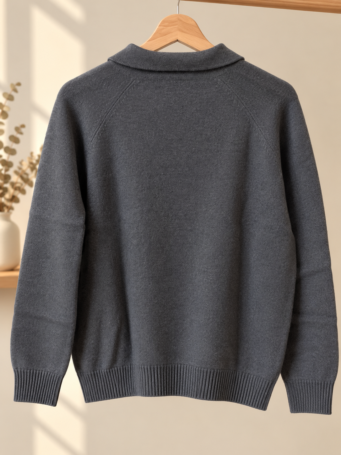 Damen Wollpullover Dunkelgrau mit Polokragen & V-Ausschnitt – Gr. M/L