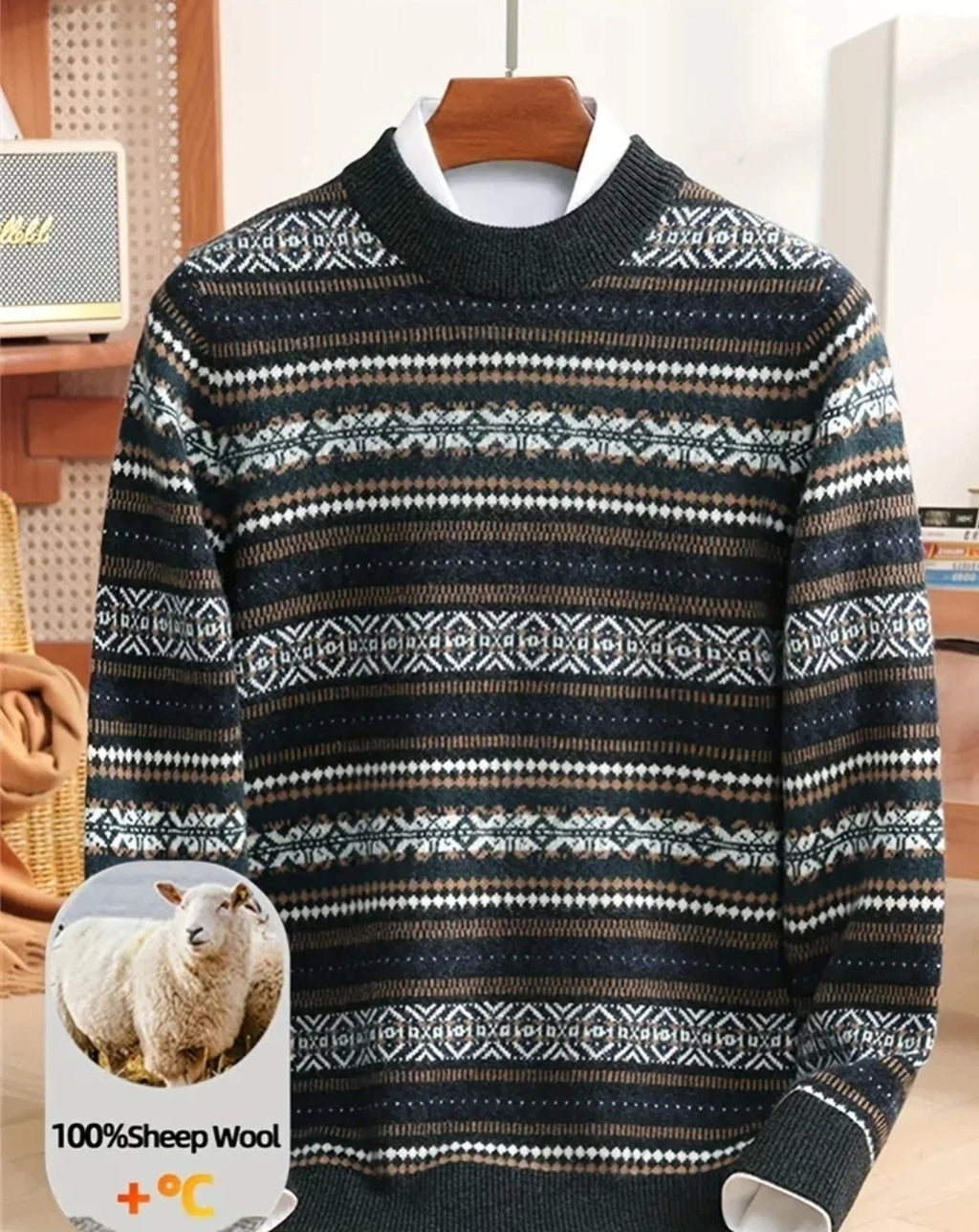Herren Wollpullover Norweger Muster L-XL Strickpullover Winter Warm Rundhals