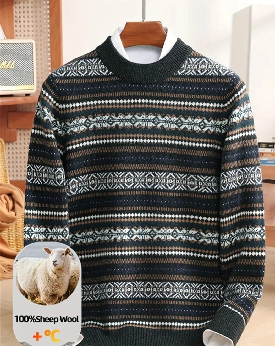 Herren Wollpullover Norweger Muster L-XL Strickpullover Winter Warm Rundhals