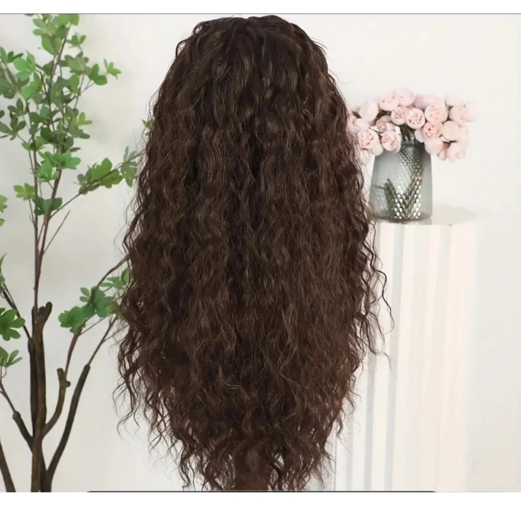 26" Dunkelbraune  Curly Lace Front Perücke 180% Dichte Hitzeresistent