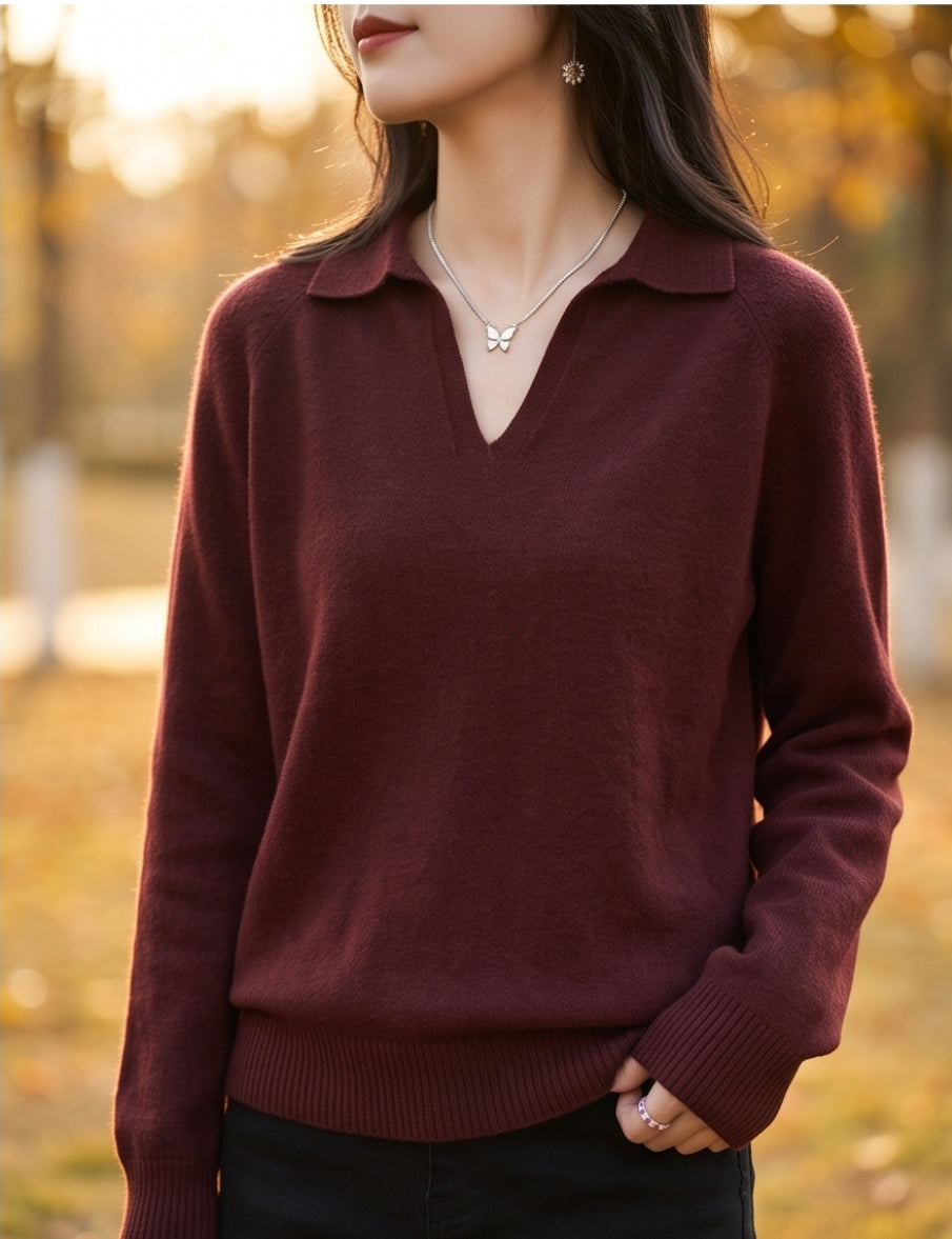Damen Wollpullover Bordeaux Rot, V-Ausschnitt Feinstrick Langarm