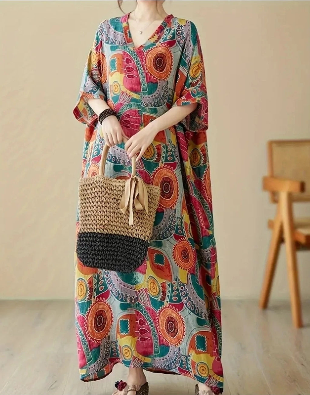 Damen V-Ausschnitt  Leinenkleid, elegant, Weit Geschnitten, Frühling ,Sommer