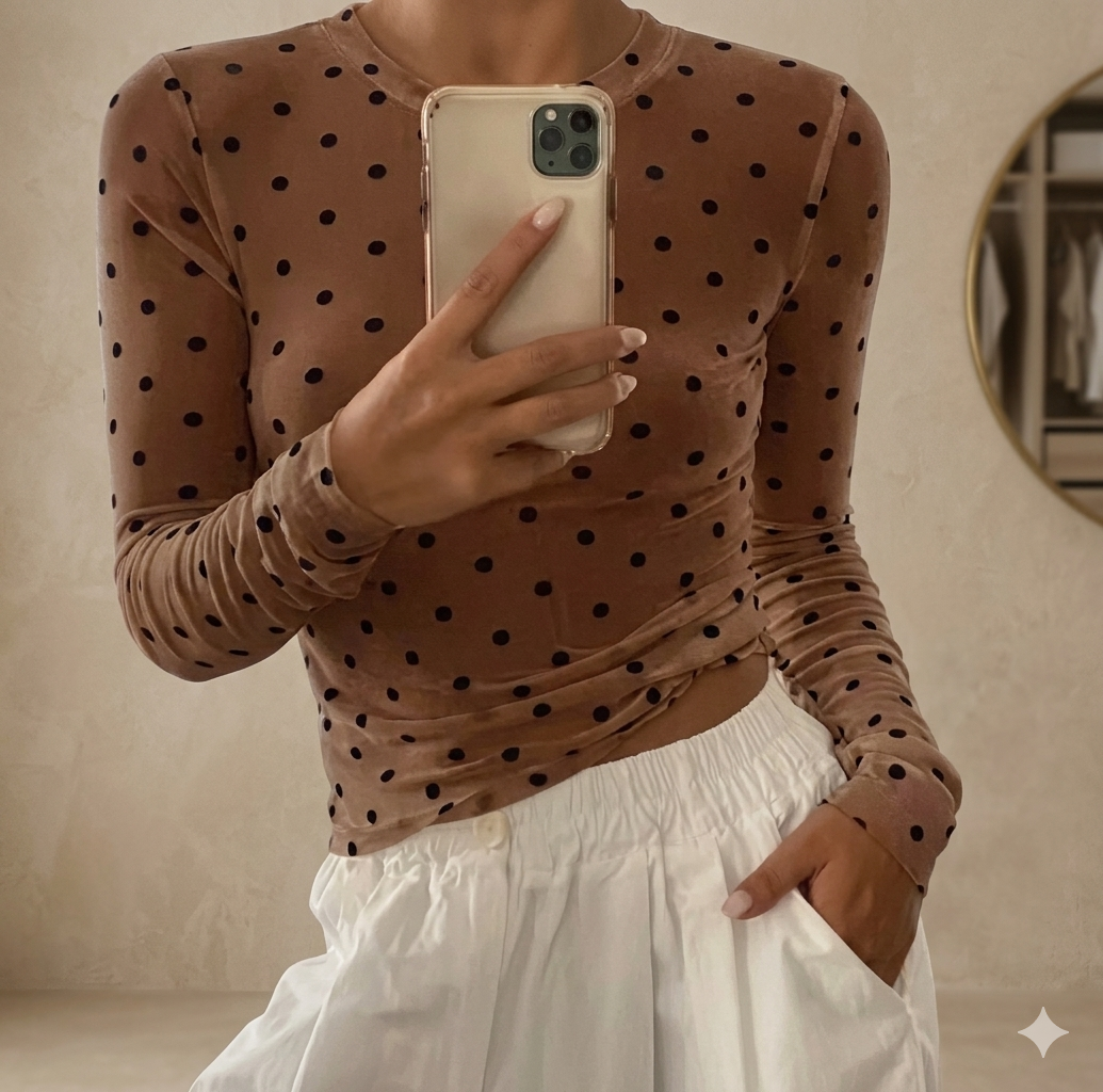 Transparentes Mesh Oberteil Gr. M Braun Schwarz Gepunktet Langarm Polka Dot...