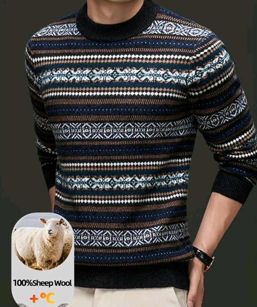 Herren Wollpullover Norweger Muster L-XL Strickpullover Winter Warm Rundhals