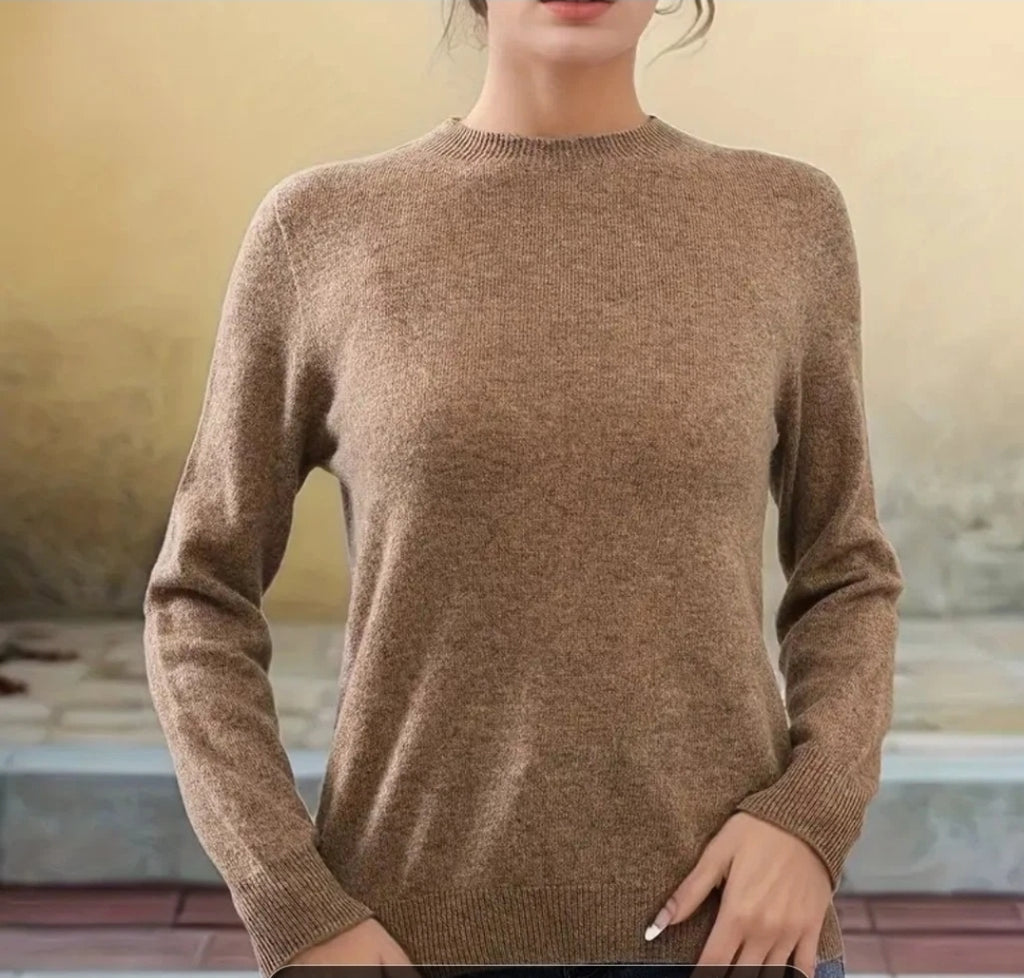 Damenpullover Wolle Camel, Feinstrick Rundhals ,Warm & Leicht, Klassisch Elegant