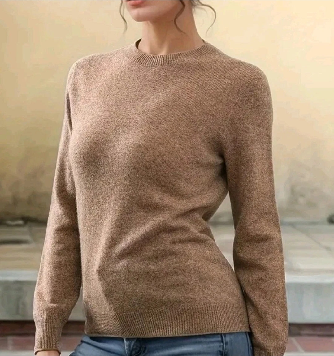 Damenpullover Wolle Camel, Feinstrick Rundhals ,Warm & Leicht, Klassisch Elegant
