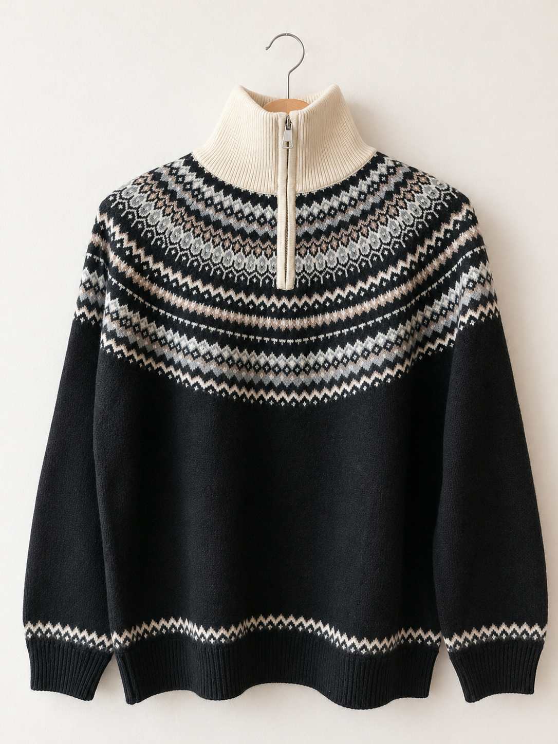 Damen Wollpullover Norweger Muster Schwarz Weiß Half Zip Strickpullover Winter .