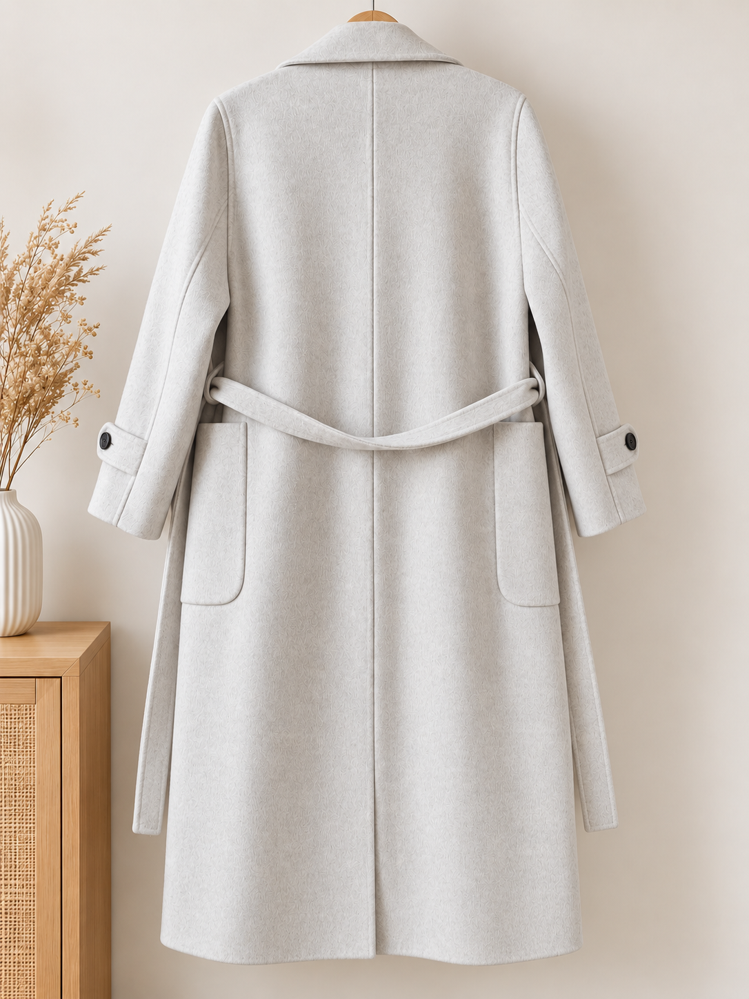 Damen Wollmantel  Beige Grau Lang Bindegürtel Wintermantel Elegant