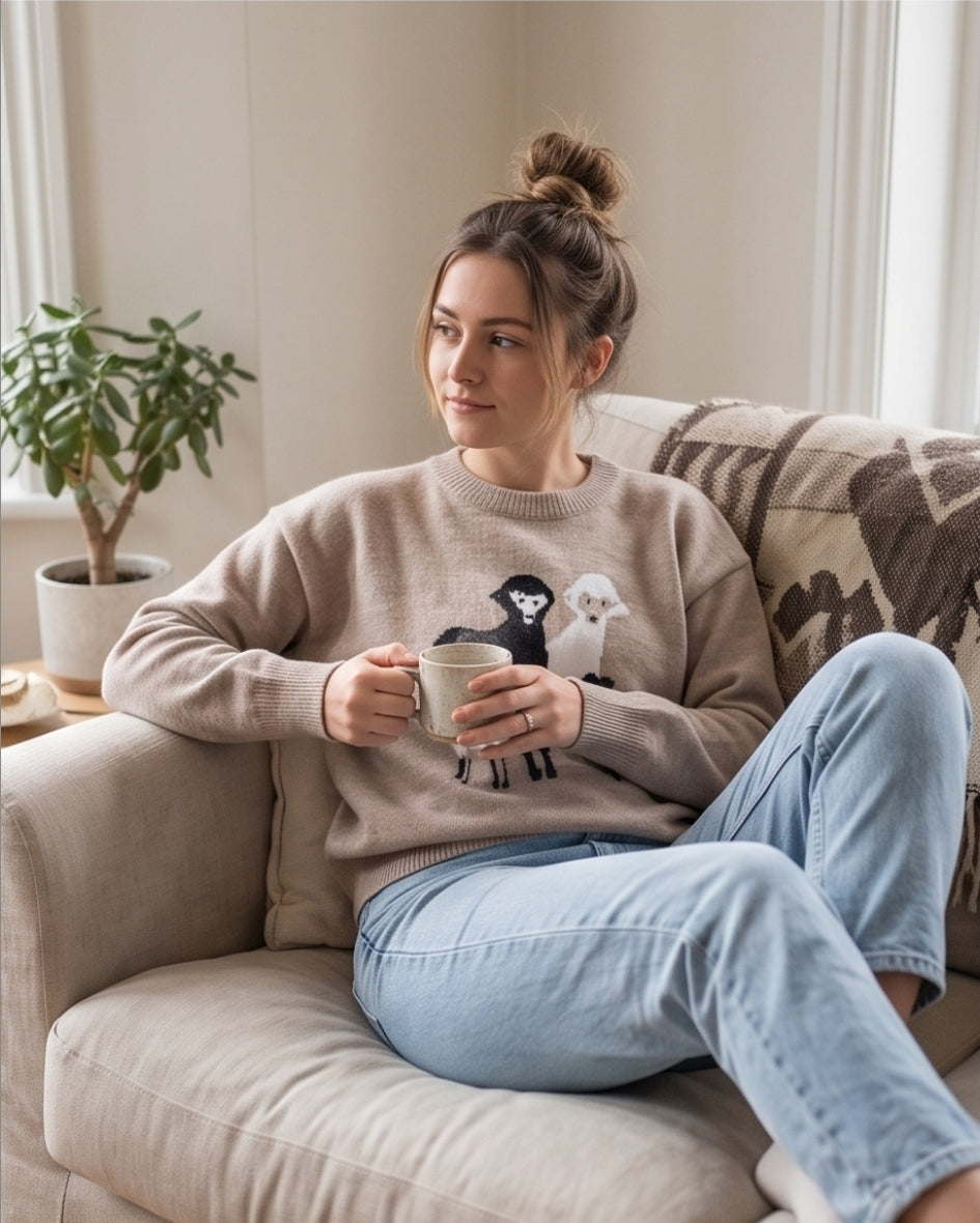 Kuscheliger Damen Pullover mit Lama Alpaka Muster Beige.