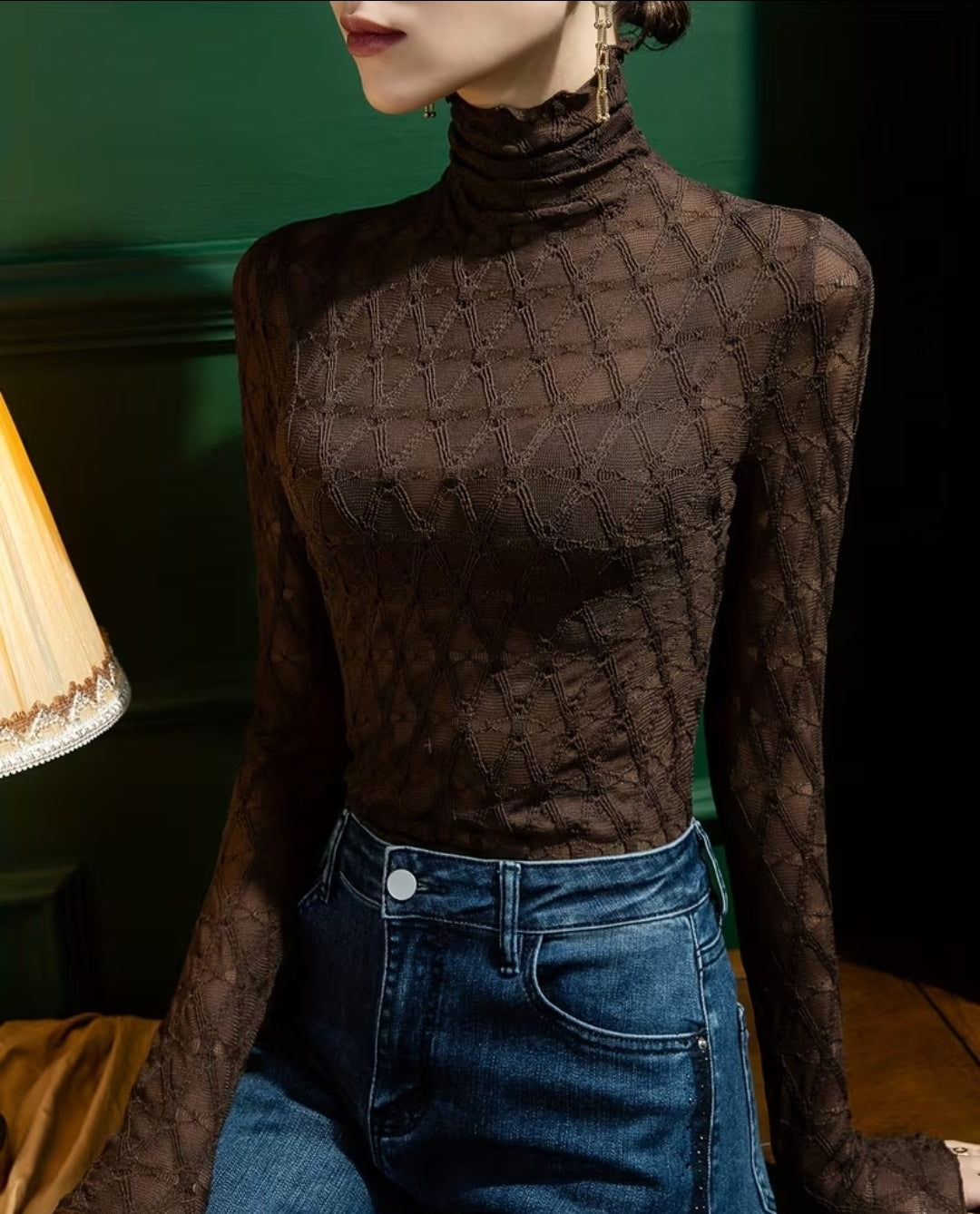 Damen Spitzen Top Langarm Transparent Stehkragen Rüschen Slim Fit Braun