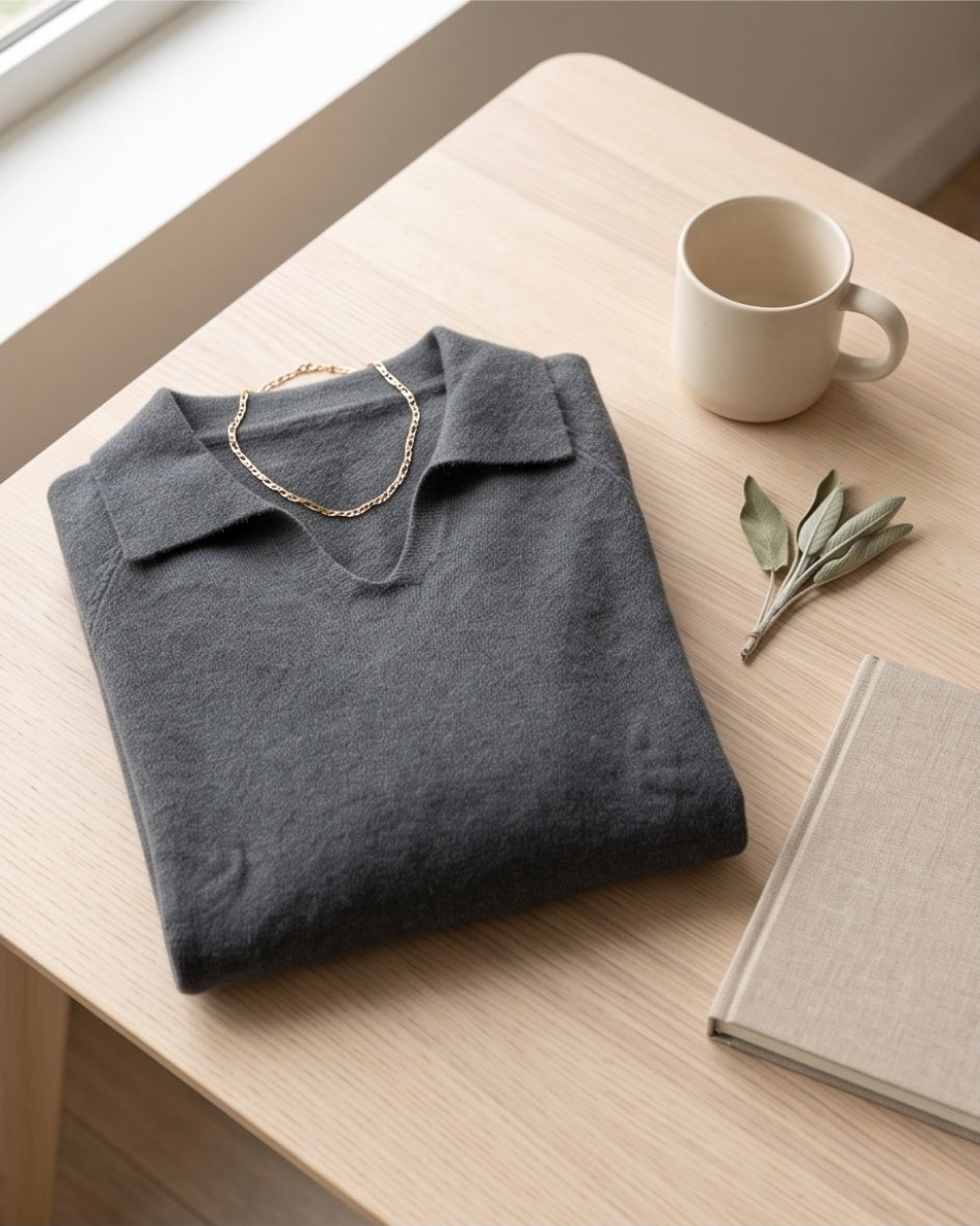 Damen Wollpullover Dunkelgrau mit Polokragen & V-Ausschnitt – Gr. M/L