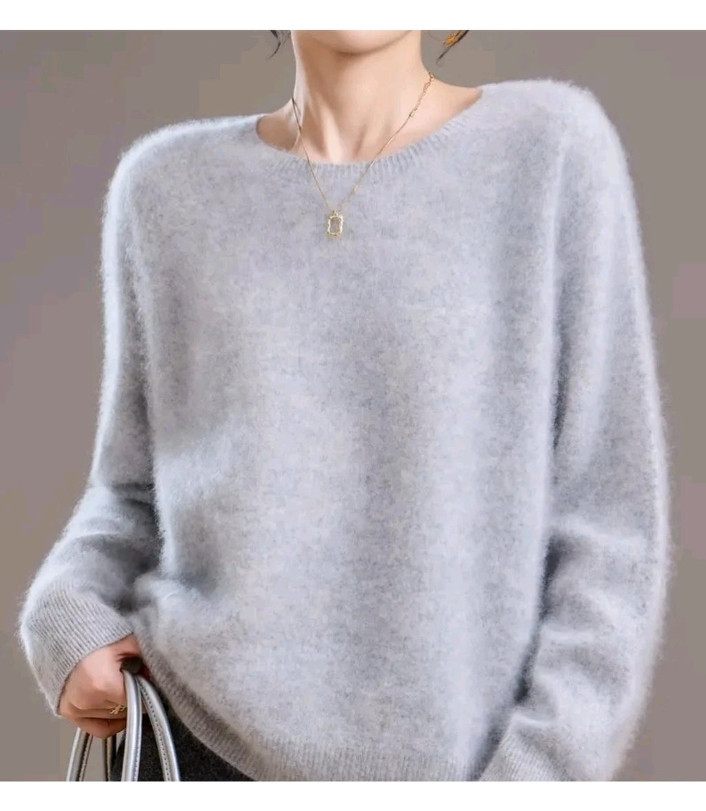 Kaschmir Wollmix Damen Pullover Grau – Weich  Strick Sweater Elegant
