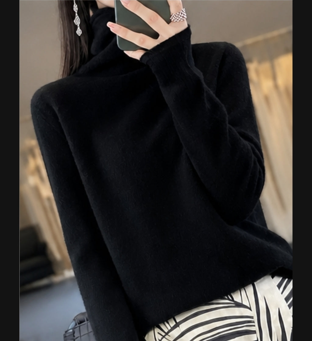 Damen Pullover Schwarz Rollkragen Strick Langarm Elegant Warm