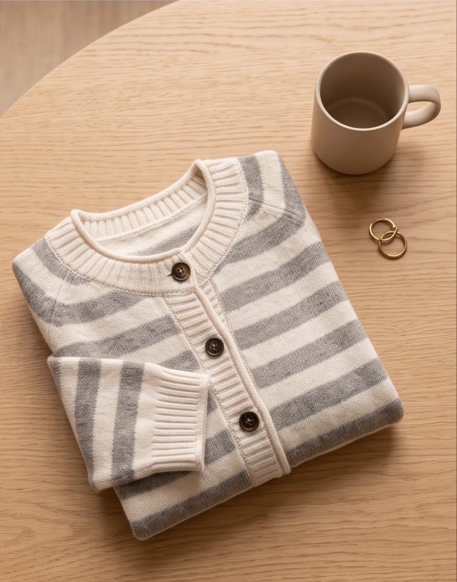 Damen Wollcardigan gestreift Beige/Creme – Strickjacke mit Knopfleiste