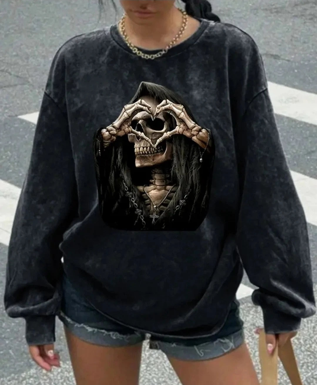 Damen Gothic Sweatshirt Totenkopf Oversized Vintage Pullover Schwarz