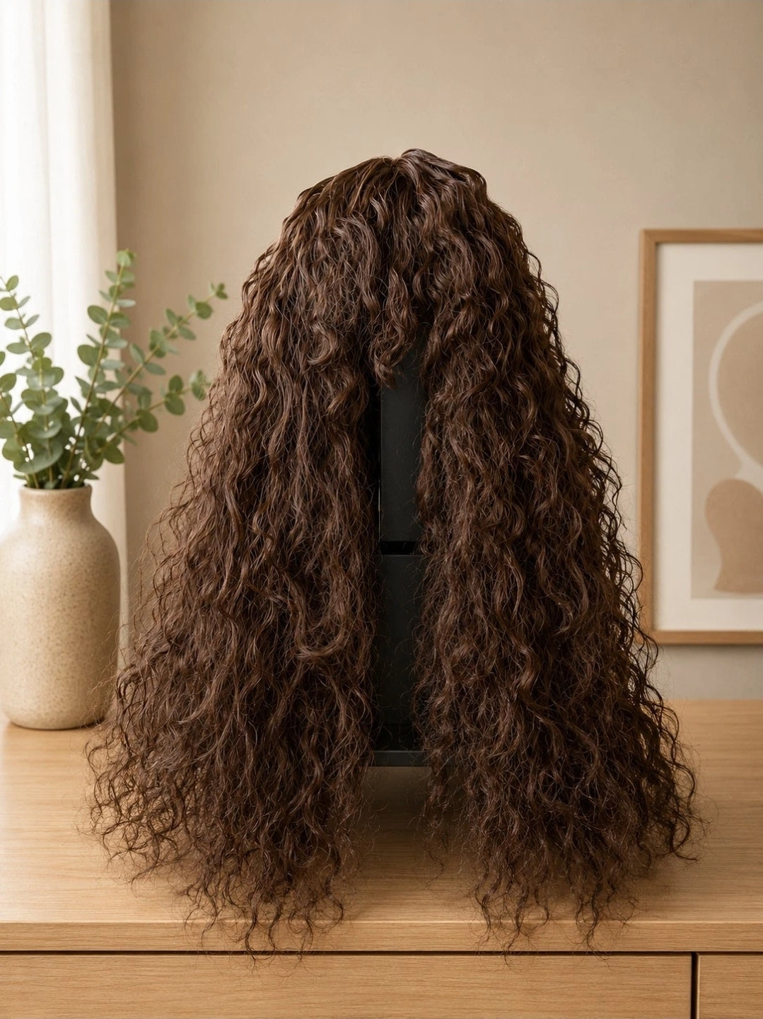 26" Dunkelbraune  Curly Lace Front Perücke 180% Dichte Hitzeresistent