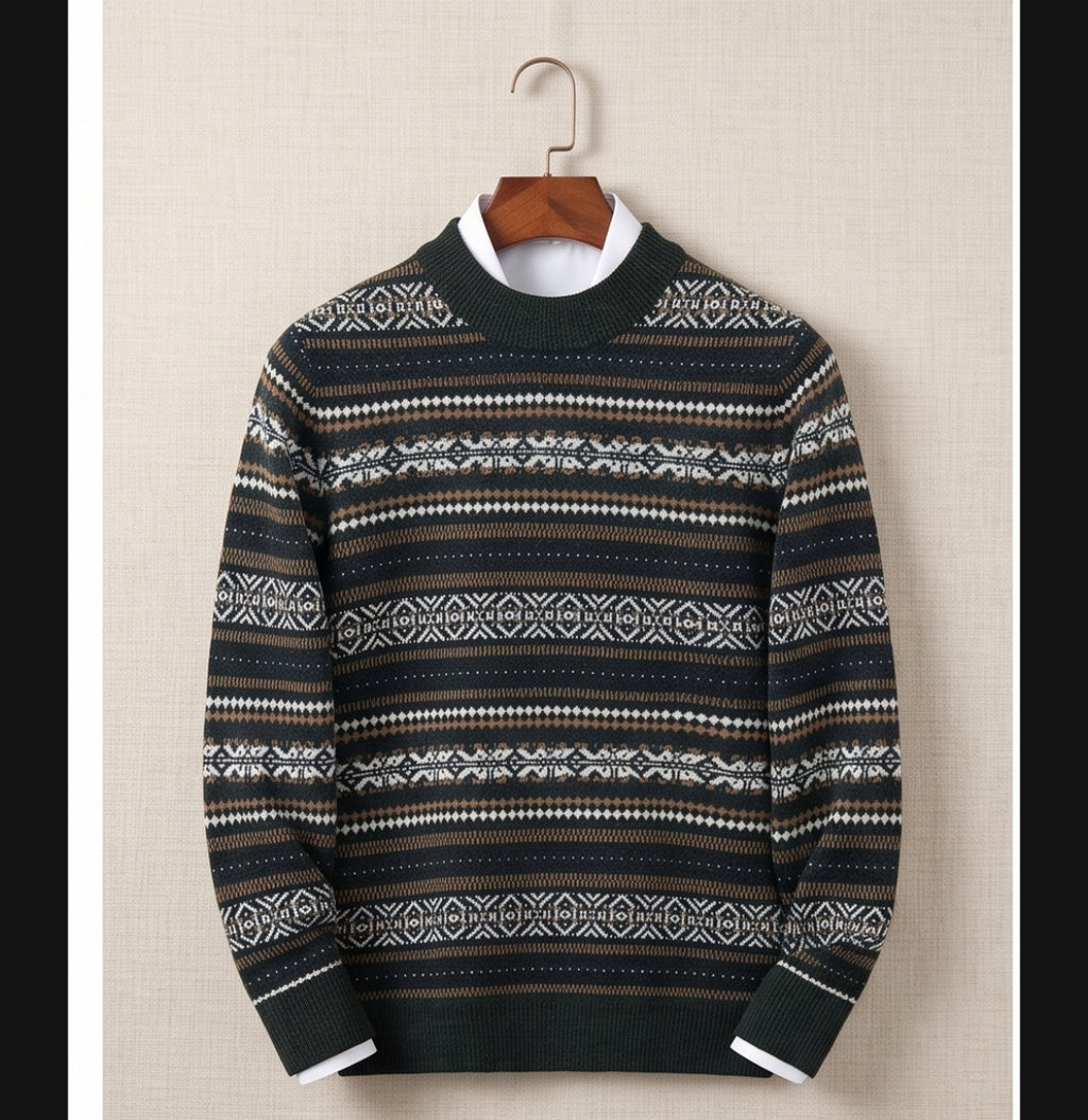 Herren Wollpullover Norweger Muster L-XL Strickpullover Winter Warm Rundhals